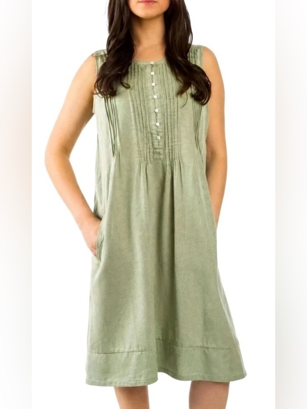 Coldwater Creek tencel Olive Green Sleeveless Pintuck Button-Front Dress small